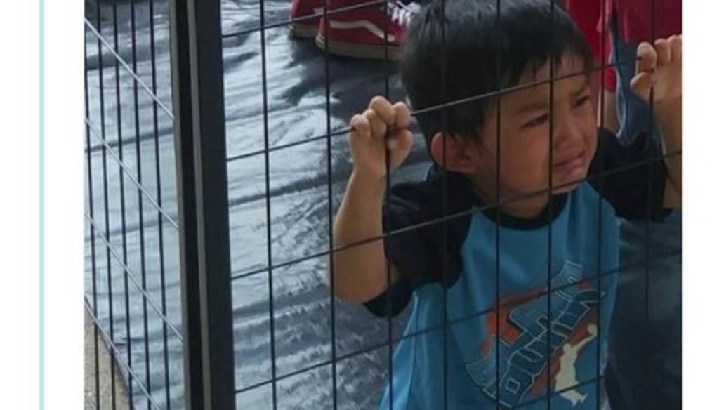 This June 11, 2018 tweet presents a photo of a boy described as caged. PolitiFact Texas rated the tweeted photo False.