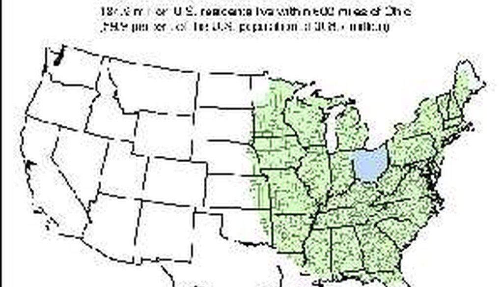 The area shaded green represents counties within 600 miles of Ohio's borders. <a href="http://media.cleveland.com/datacentral/photo/600-miles-of-ohiojpg-95bade4b893a3bd3.jpg" target="blank">Click to see the full-size version.</a>