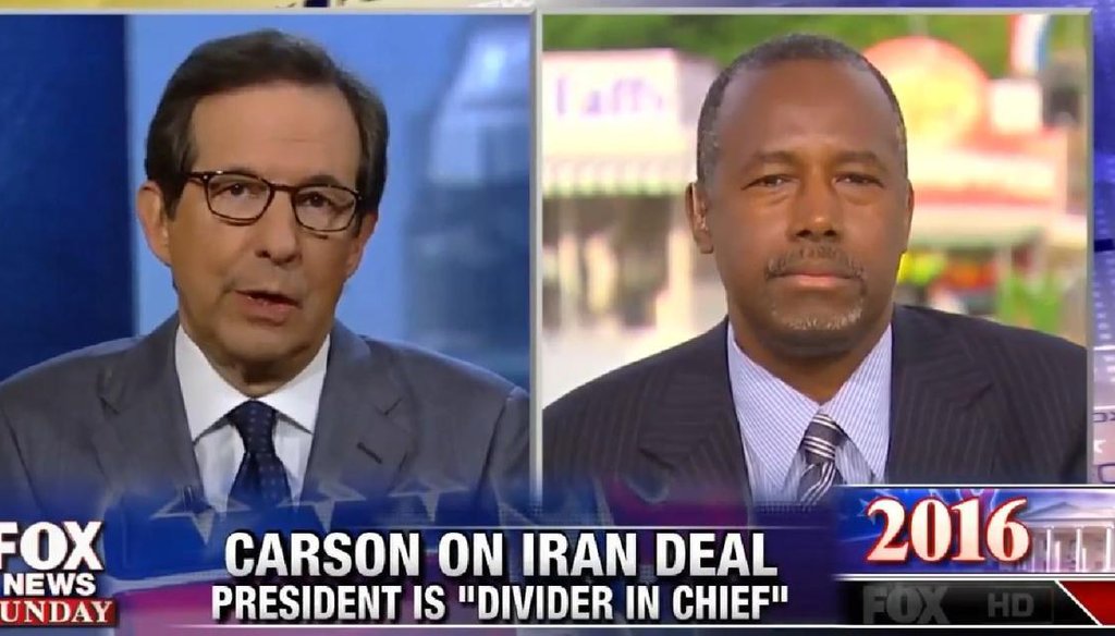 GOP presidential candidate and former neurosurgeon Ben Carson explains his views on tax policy to "Fox News Sunday" host Chris Wallace on Aug. 16, 2015.