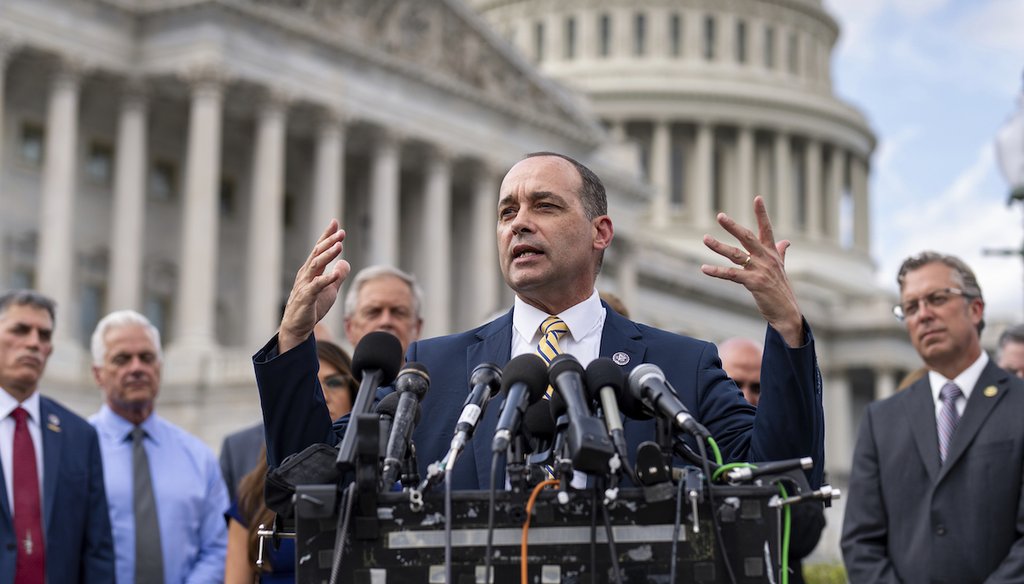 Rep. Bob Good, R-Va., and members of the conservative House Freedom Caucus hold a news event outside the Capitol on Sept. 12, 2023. Members of the caucus are pressuring House Speaker Kevin McCarthy, R-Calif., to cut the federal budget. (AP)