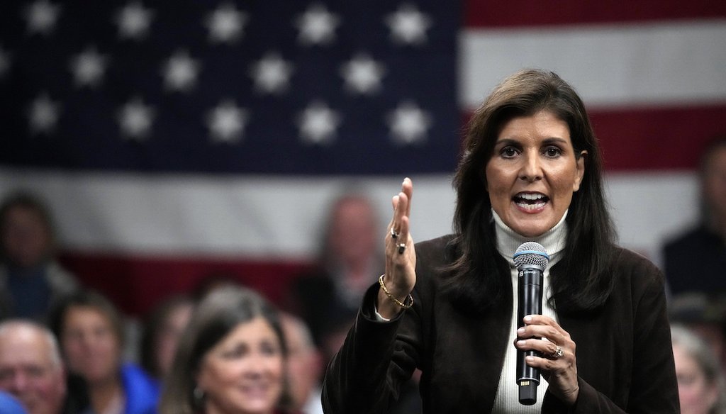 Republican presidential candidate former U.N. Ambassador Nikki Haley speaks at a town hall campaign event, Tuesday, Dec. 12, 2023, in Manchester, N.H. (AP)