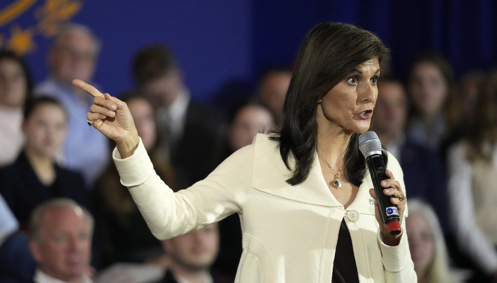 Republican presidential candidate Nikki Haley speaks at a town hall campaign event, Jan. 2, 2024, in Rye, N.H. (AP)