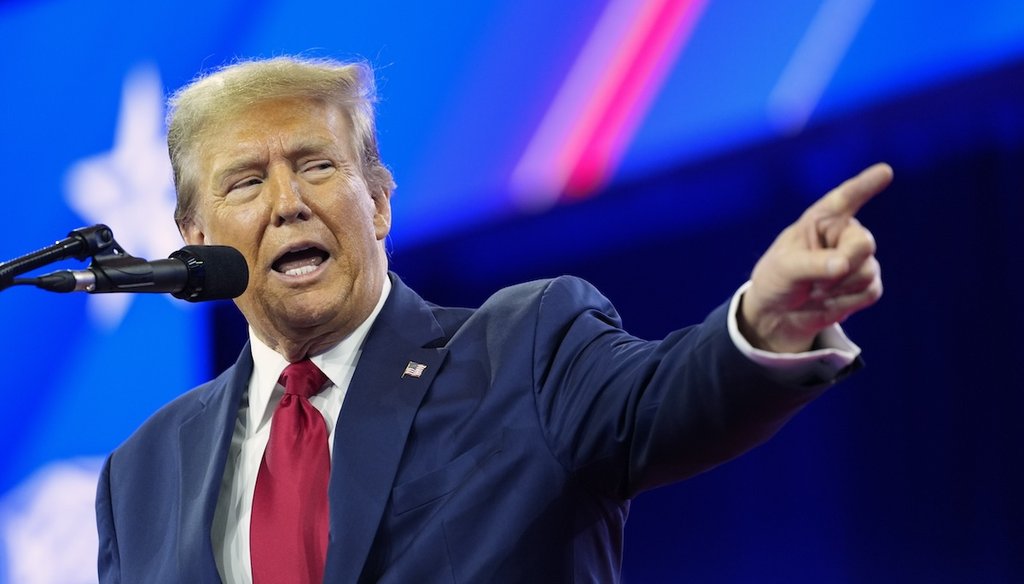 Republican presidential candidate former President Donald Trump speaks at the Conservative Political Action Conference, CPAC 2024, at National Harbor, in Oxon Hill, Md., Feb. 24, 2024. (AP)