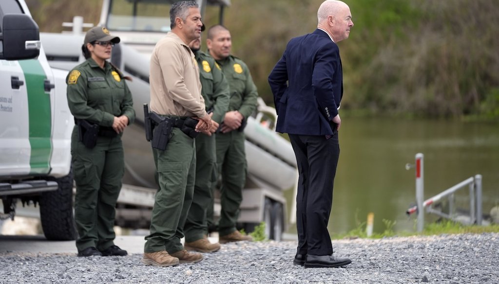 Homeland Security Alejandro Mayorkas looks over the southern border, Feb. 29, 2024, in Brownsville, Texas, along the Rio Grande, with the U.S. Border Patrol. (AP)