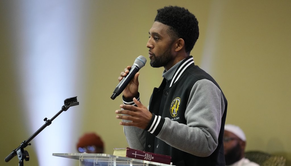 Baltimore Mayor Brandon Scott speaks during a vigil near the scene where a container ship collided with a support on the Francis Scott Key Bridge, at Mount Olive Baptist Church in Dundalk, Md., March 26, 2024. (AP)