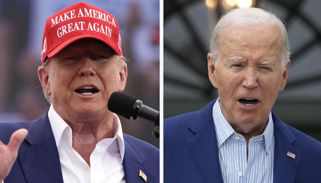 Republican presidential candidate, former President Donald Trump, left, speaks at a campaign rally in Las Vegas, June 9, 2024, and President Joe Biden speaks at White House in Washington, June 4, 2024. (AP)