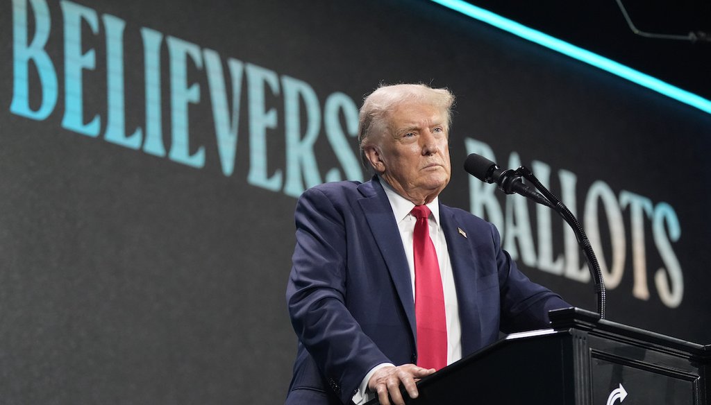 Republican presidential candidate and former President Donald Trump speaks at the Turning Point USA summit, July 26, 2024, in West Palm Beach, Fla. (AP)