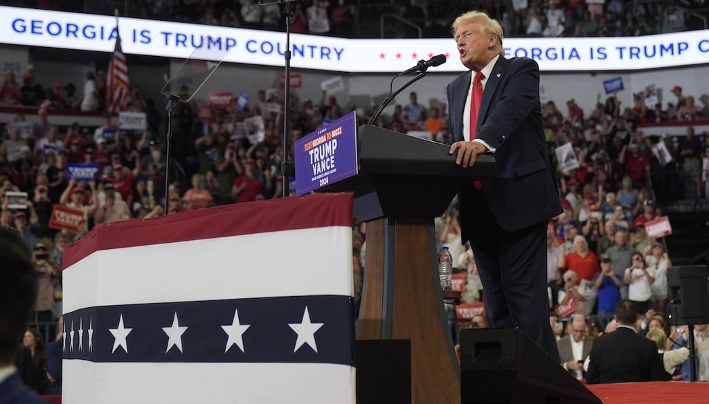 Republican presidential candidate former President Donald Trump speaks at a campaign rally at Georgia State University in Atlanta, Aug. 3, 2024. (AP)