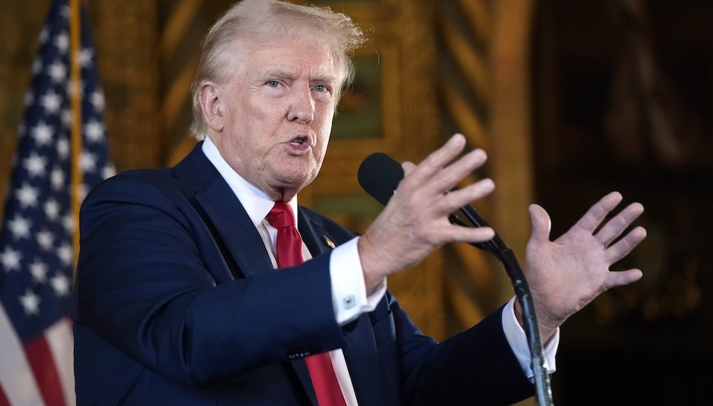 Republican presidential nominee former President Donald Trump speaks to reporters during a news conference at his Mar-a-Lago estate Aug. 8, 2024, in Palm Beach, Fla. (AP)