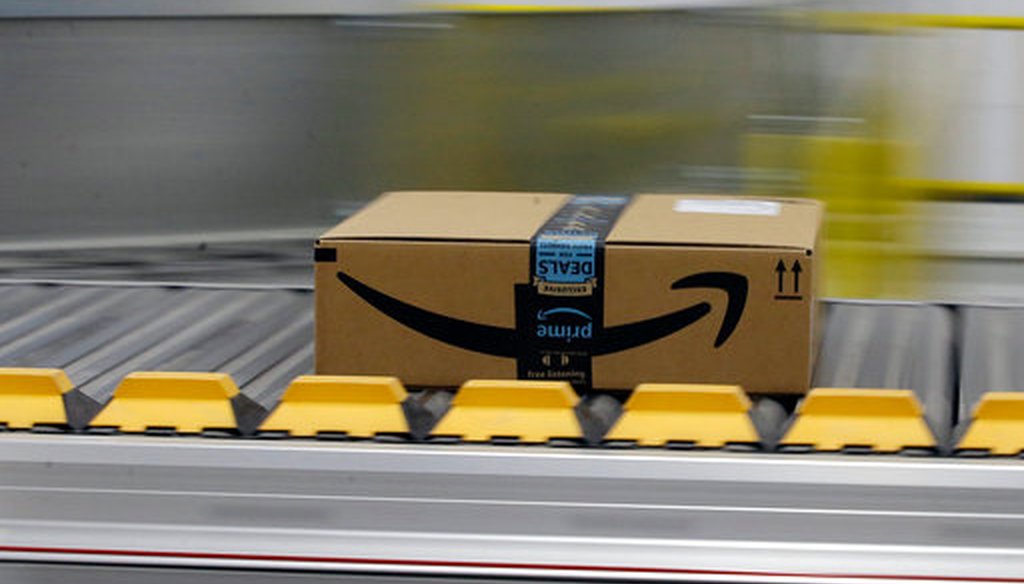 In this Feb. 9, 2018, file photo, a box for an Amazon prime customer moves through the new Amazon Fulfillment Center in Sacramento, Calif.  (AP)