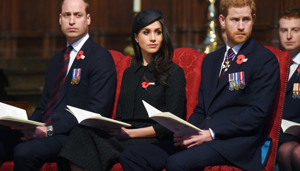 Britain's Prince William, left, Prince Harry and Meghan Markle attend a Service of Thanksgiving and Commemoration on ANZAC Day at Westminster Abbey in London, Wednesday, April 25, 2018. (Eddie Mulholland/Pool via AP)