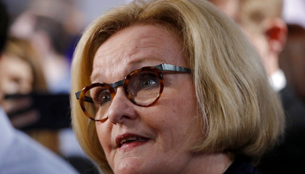 Missouri incumbent Democratic Sen. Claire McCaskill talks to the media after a debate against Republican challenger Josh Hawley on Oct. 25, 2018, in Kansas City, Mo. (AP/Charlie Riedel)