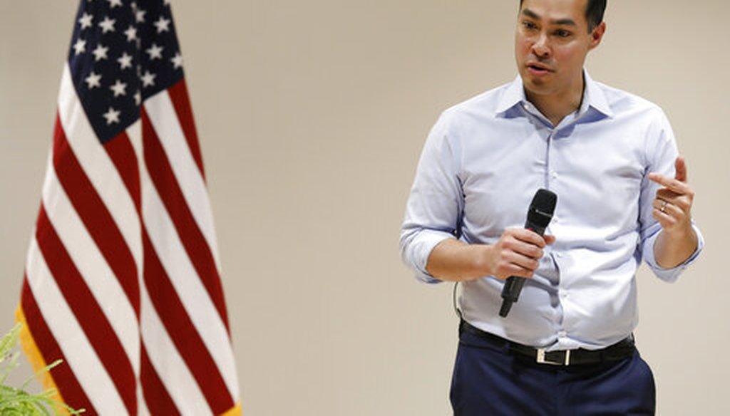 Julian Castro, former secretary of Housing and Urban Development, and candidate for the 2020 Democratic presidential nomination, speaks during a town hall meeting at Grand View University, Feb. 21, 2019, in Des Moines, Iowa. (AP Photo/Charlie Neibergall)