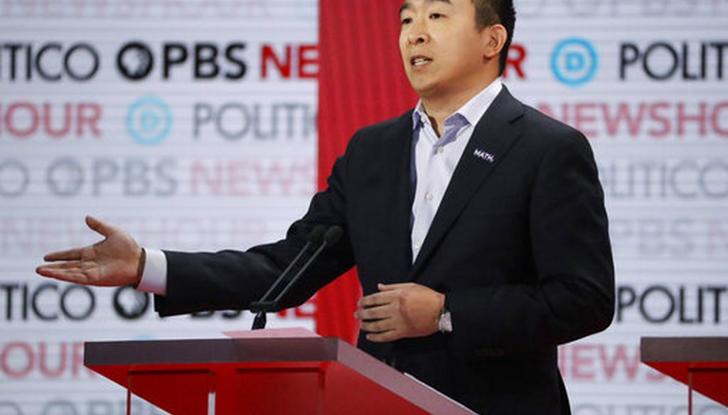 Democratic presidential candidate Andrew Yang speaks during a Democratic primary debate on Dec. 19, 2019, in Los Angeles. (AP/Carlson)