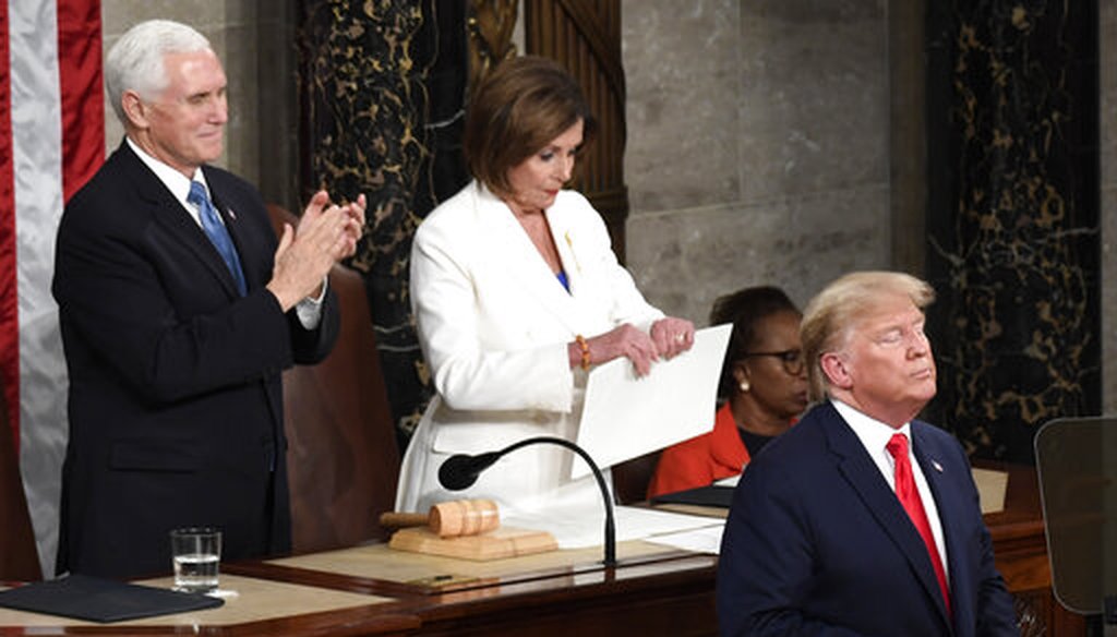 House Speaker Nancy Pelosi, D-Calif., tears her copy of President Donald Trump's State of the Union address after he delivered it to Congress on Feb. 4, 2020, in Washington. (AP/Walsh)