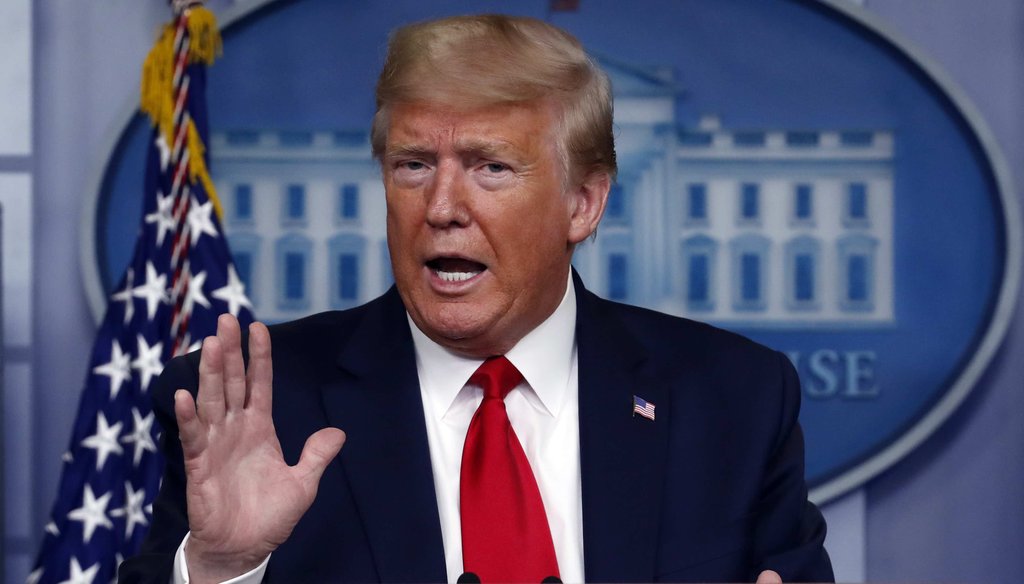 President Donald Trump speaks about the coronavirus in the James Brady Press Briefing Room of the White House on April 8, 2020, in Washington. (AP)