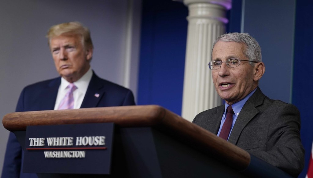 President Donald Trump listens as Director of the National Institute of Allergy and Infectious Diseases Dr. Anthony Fauci speaks during a coronavirus task force briefing at the White House on April 10, 2020, in Washington. (AP)
