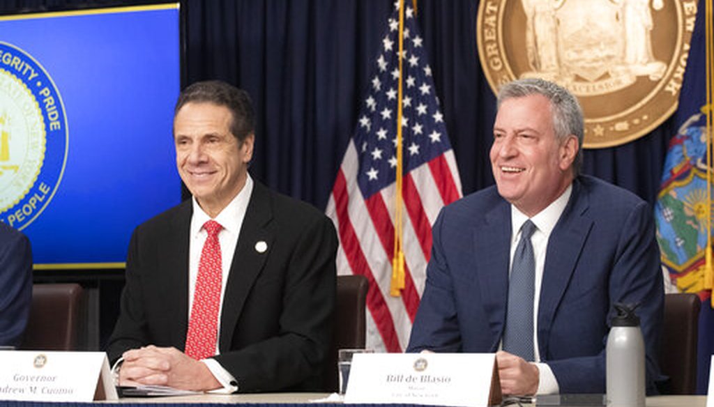 New York Gov. Andrew Cuomo, left, and New York City Mayor Bill de Blasio discuss the state and city's preparedness for the spread of coronavirus at a news conference on March 2, 2020. (AP)