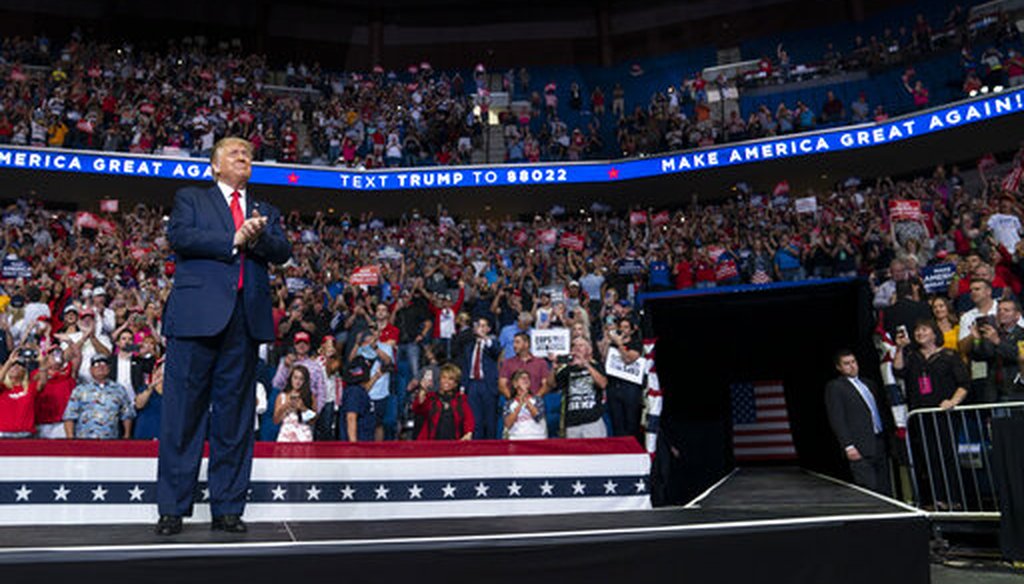 President Donald Trump arrives on the ramp to the stage at a campaign rally at the BOK Center on June 20, 2020, in Tulsa, Okla. (AP/Vucci)