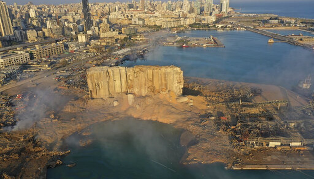 A drone picture shows the scene on Aug. 5, 2020, of an explosion that hit the port of Beirut, Lebanon, on Aug. 4, 2020. (AP/Malla)