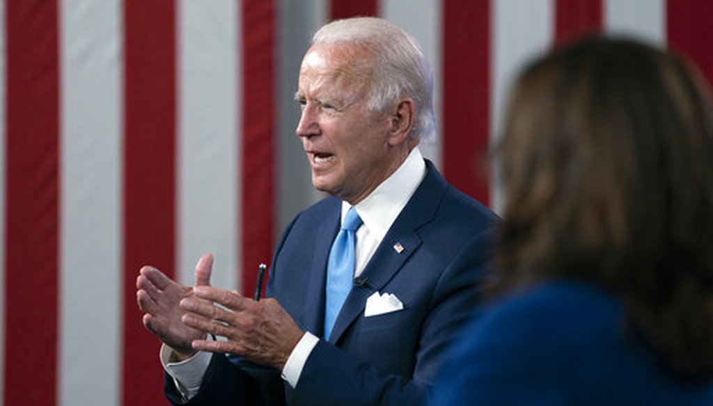 Democratic presidential candidate and former Vice President Joe Biden and his running mate Sen. Kamala Harris, D-Calif., participate in a virtual fundraiser at the Hotel DuPont in Wilmington, Del., on Aug. 12, 2020. (AP/Kaster)