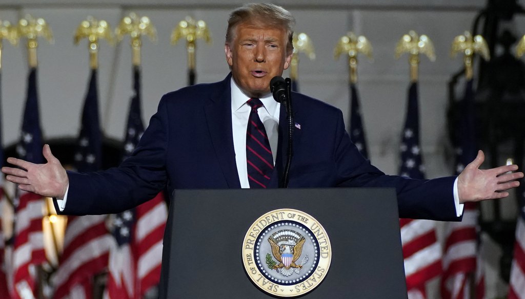 President Donald Trump speaks from the South Lawn of the White House on the fourth day of the Republican National Convention on Aug. 27, 2020, in Washington. (AP)