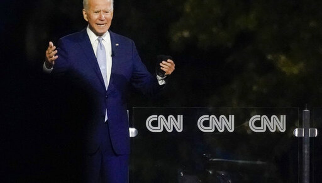 Democratic presidential nominee Joe Biden participates in a CNN town hall moderated by Anderson Cooper in Moosic, Pa., on Sept. 17, 2020. (AP)