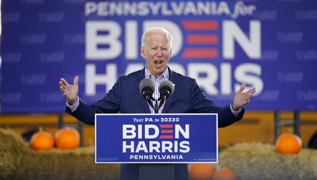 Democratic presidential candidate Joe Biden speaks at a campaign event in Dallas, Pa., on Oct. 24, 2020. (AP)