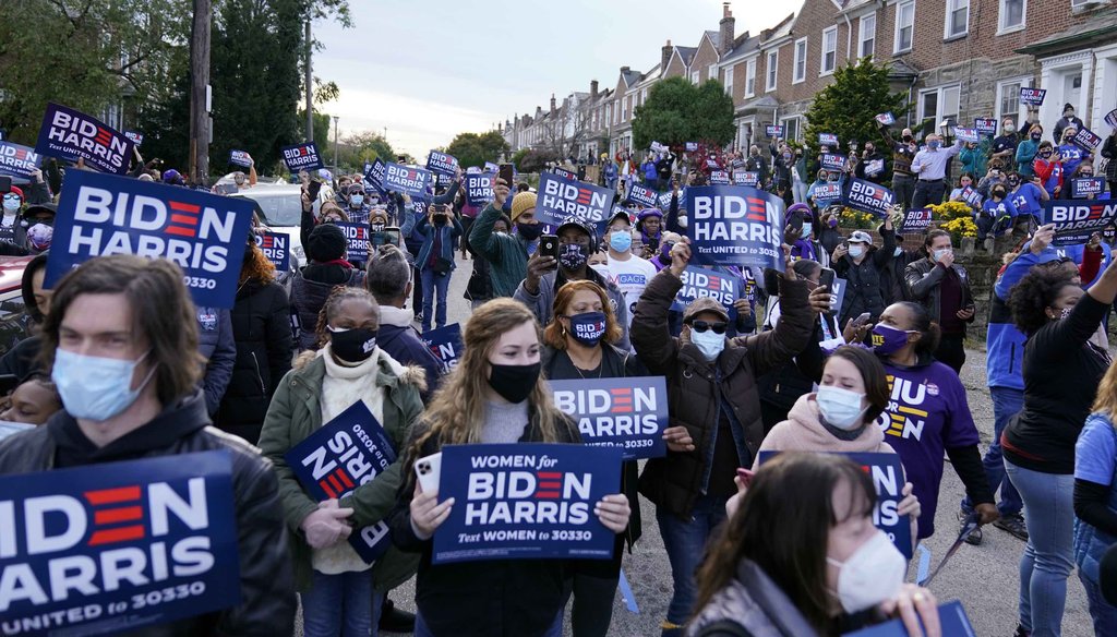 Supporters fill the street as former Vice President Joe Biden speaks during a stop in Philadelphia on Nov. 3, 2020. (AP)