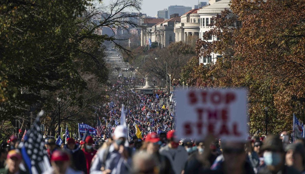 Trump supporters march toward the Supreme Court during the Million MAGA March on Nov. 14, 2020, in Washington. (MediaPunch Standard via AP)