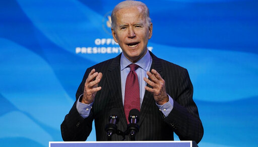 President-elect Joe Biden speaks during an event at The Queen theater in Wilmington, Del. on Jan. 8, 2021. (AP/Walsh)