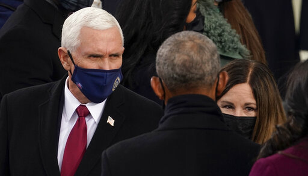Former President Barack Obama greets outgoing Vice President Mike Pence and his wife Karen at the inauguration of Joe Biden on Jan. 20, 2021. (AP)