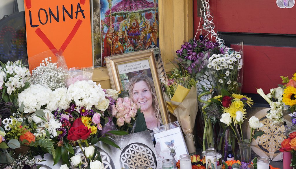 A tribute is displayed outside the store owned by one of 10 victims in the mass shooting at a King Soopers grocery store in Boulder, Colo., on March 24, 2021, in Boulder, Colo. (AP)