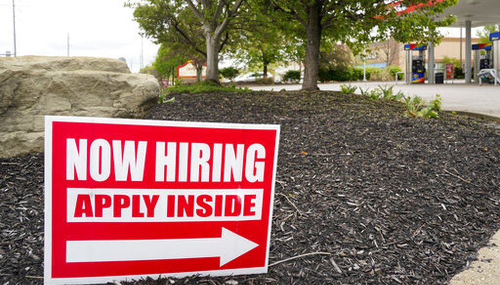 Hiring signs outside a gas station in Butler County, Pa., on May 5, 2021. (AP)