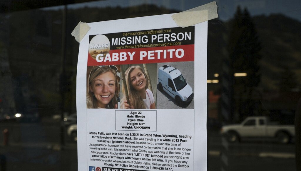 A Suffolk County Police Department missing person poster for Gabby Petito posted in Wyoming (AP Image).