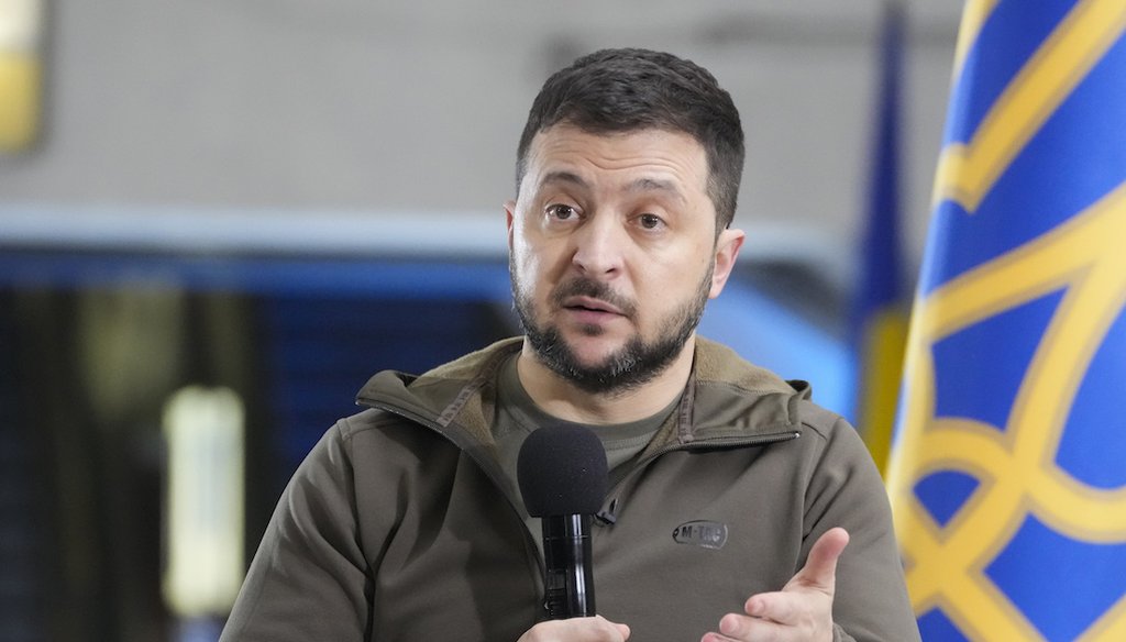 Ukrainian President Volodymyr Zelenskyy answers questions during a press conference in a city subway under a central square in Kyiv, Ukraine, Apr. 23, 2022. (AP)