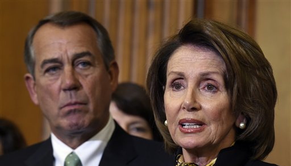 Then-House Speaker John Boehner of Ohio listens as then-Minority Leader Nancy Pelosi of California speaks before the signing of the Justice for Victims of Trafficking Act in May 2015 (AP).