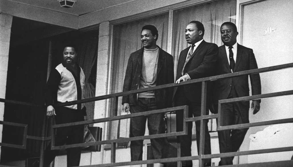 Rev. Martin Luther King Jr. stands with other civil rights leaders on the balcony of the Lorraine Motel in Memphis, Tenn., on April 3, 1968, a day before he was assassinated at approximately the same place. (AP)