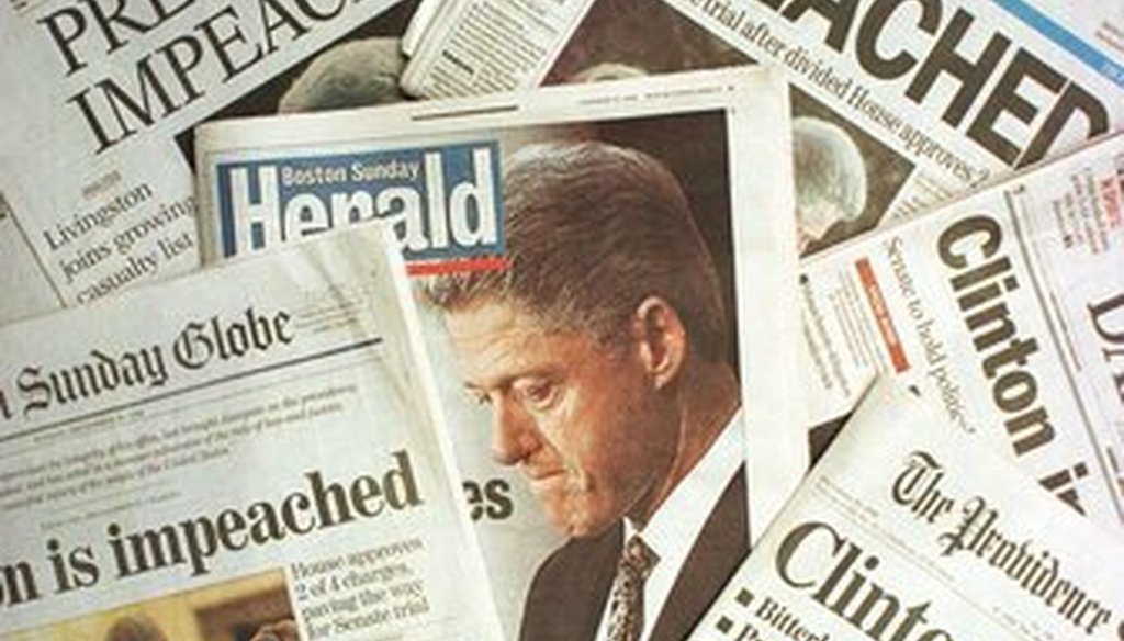 This photo montage shows the Sunday, Dec. 20, 1998, editions of newspapers from Massachusetts and Rhode Island with headlines of President Clinton's impeachment. (Associated Press)
