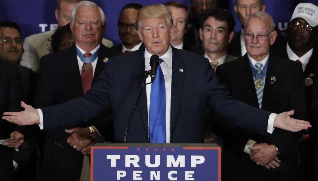 Republican presidential candidate Donald Trump speaks during a gathering with military leaders and veterans at the new Trump International Hotel in Washington, Friday, Sept. 16, 2016. (AP Photo/Manuel Balce Ceneta)