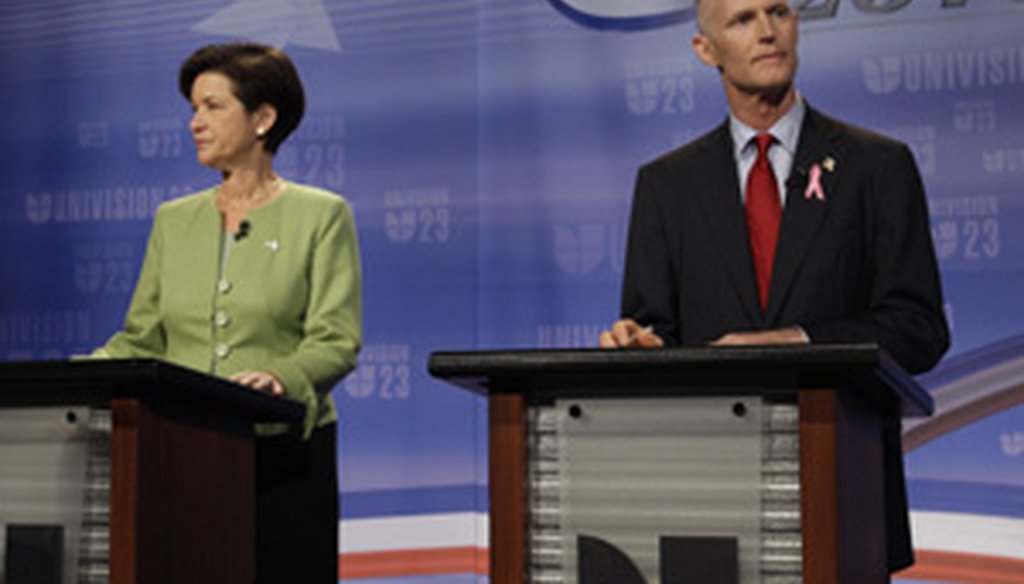 Democrat Alex Sink and Republican Rick Scott square off Oct. 8, 2010, on Univision.