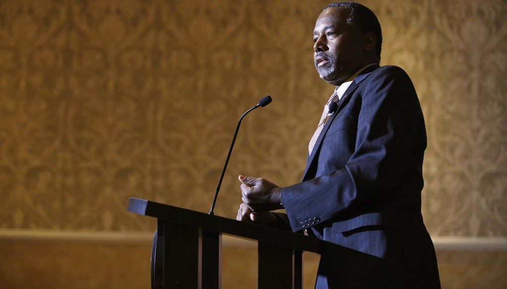 Ben Carson speaks at a news conference Nov. 16, 2015, in Henderson, Nev. Carson called for Congress to cut off funding for resettlement of Syrian immigrants in the U.S. (AP Photo)