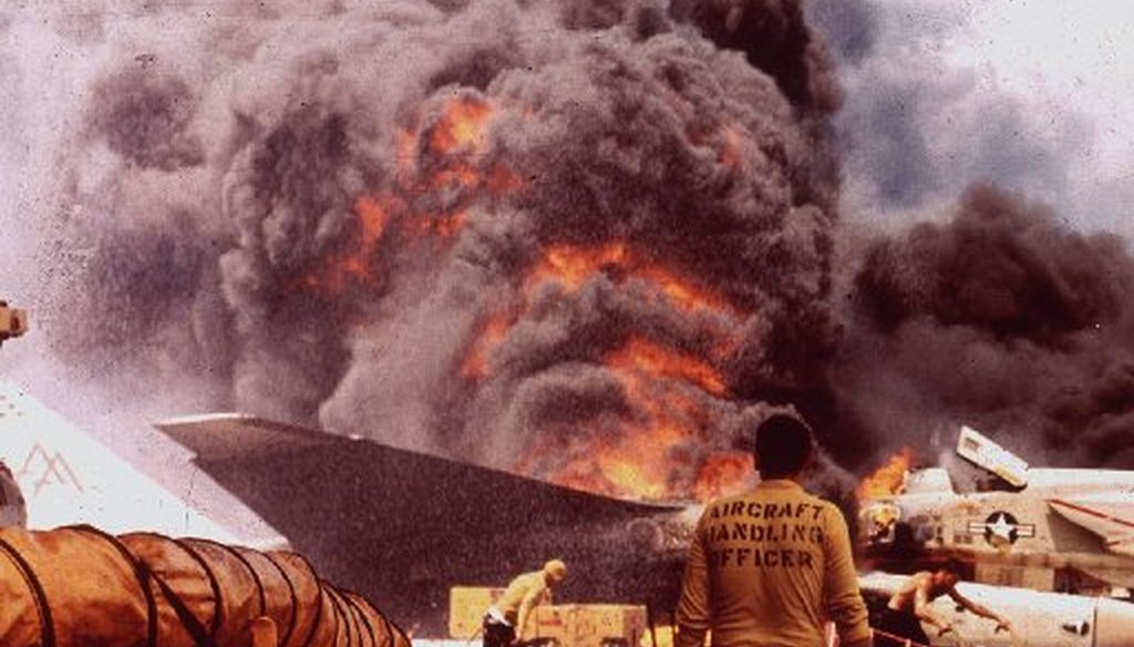 A fire aboard the USS Forrestal after a rocket from an F-4 Phanton hit an A-4 Skyhawk killed 134 crew members in July 1967. (AP file photo)