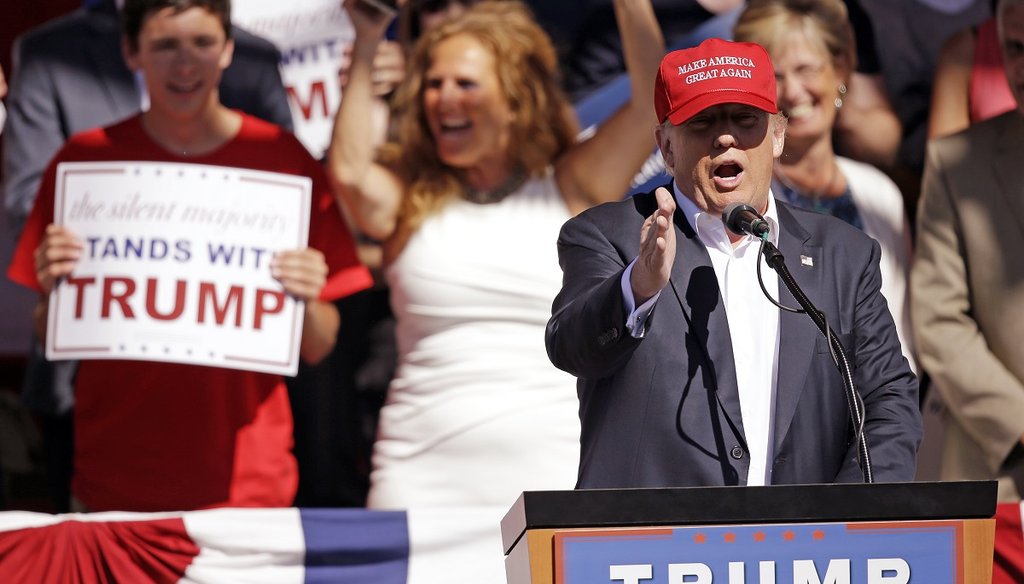 Republican presidential candidate Donald Trump speaks at a rally Saturday, May 7, 2016, in Lynden, Wash. (AP Photo/Elaine Thompson) 