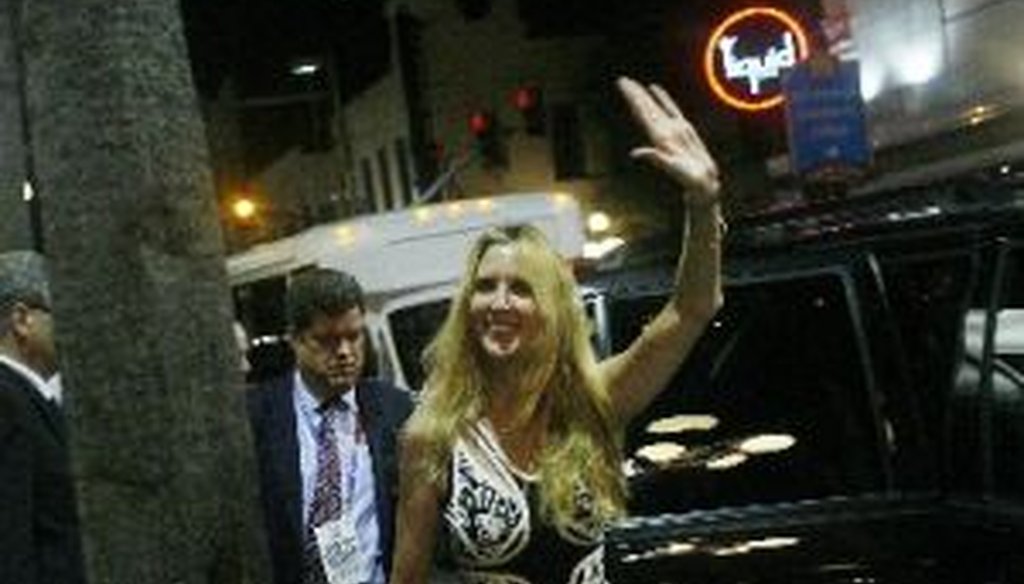 Conservative political commentator Ann Coulter leaves a party at the Honey Pot in Tampa's Ybor City during the 2012 Republican National Convention.