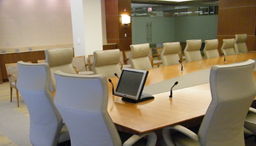 The Blue Cross boardroom features this not-very-granite table. A Blue Cross spokeswoman shot this photo for us after the company declined to give PolitiFact Rhode Island access.