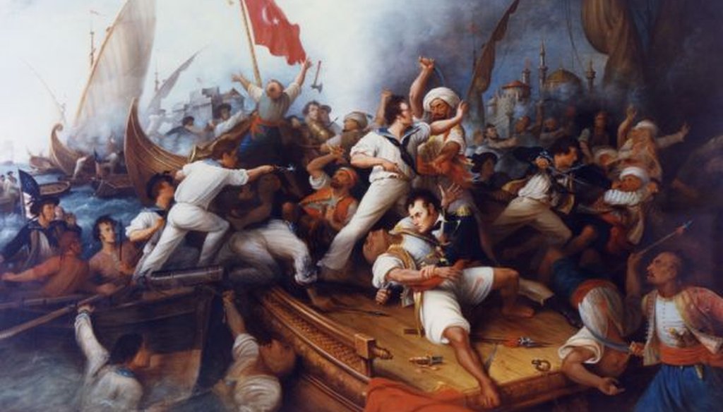 An oil painting of Lt. Stephen Decatur boarding a Tripolitan gunboat during the bombardment of Tripoli, Aug. 3, 1804. (Department of the Navy)