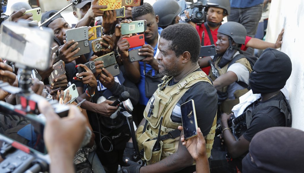 Barbecue, the leader of the "G9 and Family" gang, speaks to journalists in Port-au-Prince, Haiti, March 5, 2024. (AP)