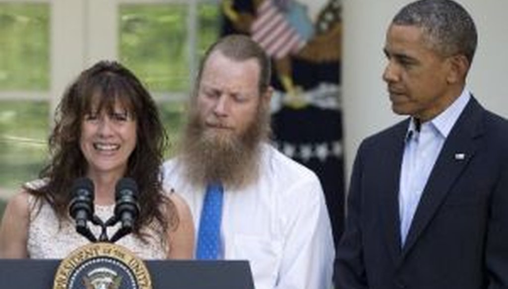 Jani Bergdahl and Bob Bergdahl attend a news conference in the Rose Garden with President Barack Obama on May 31, 2014, to announce the exchange of their son, U.S. Army Sgt. Bowe Bergdahl, for five Afghan detainees held at Guantanamo.