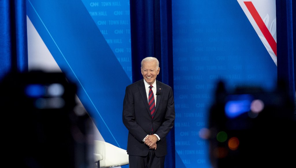 President Joe Biden appears at a CNN town hall at Mount St. Joseph University in Cincinnati. (AP Photo/Andrew Harnik)